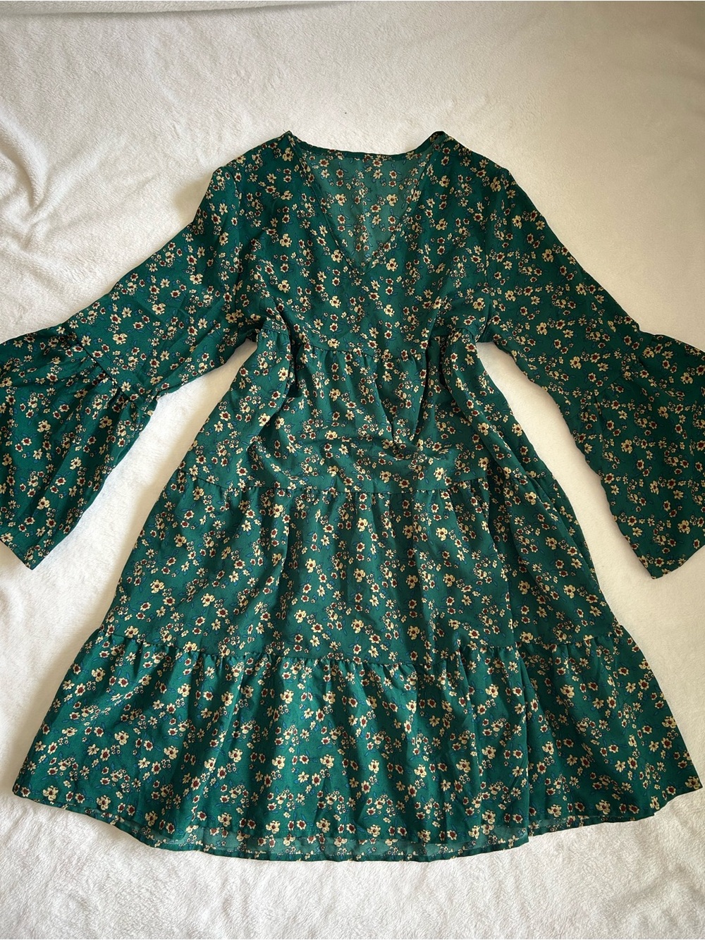 Emerald Floral Long-Sleeve Tiered Dress